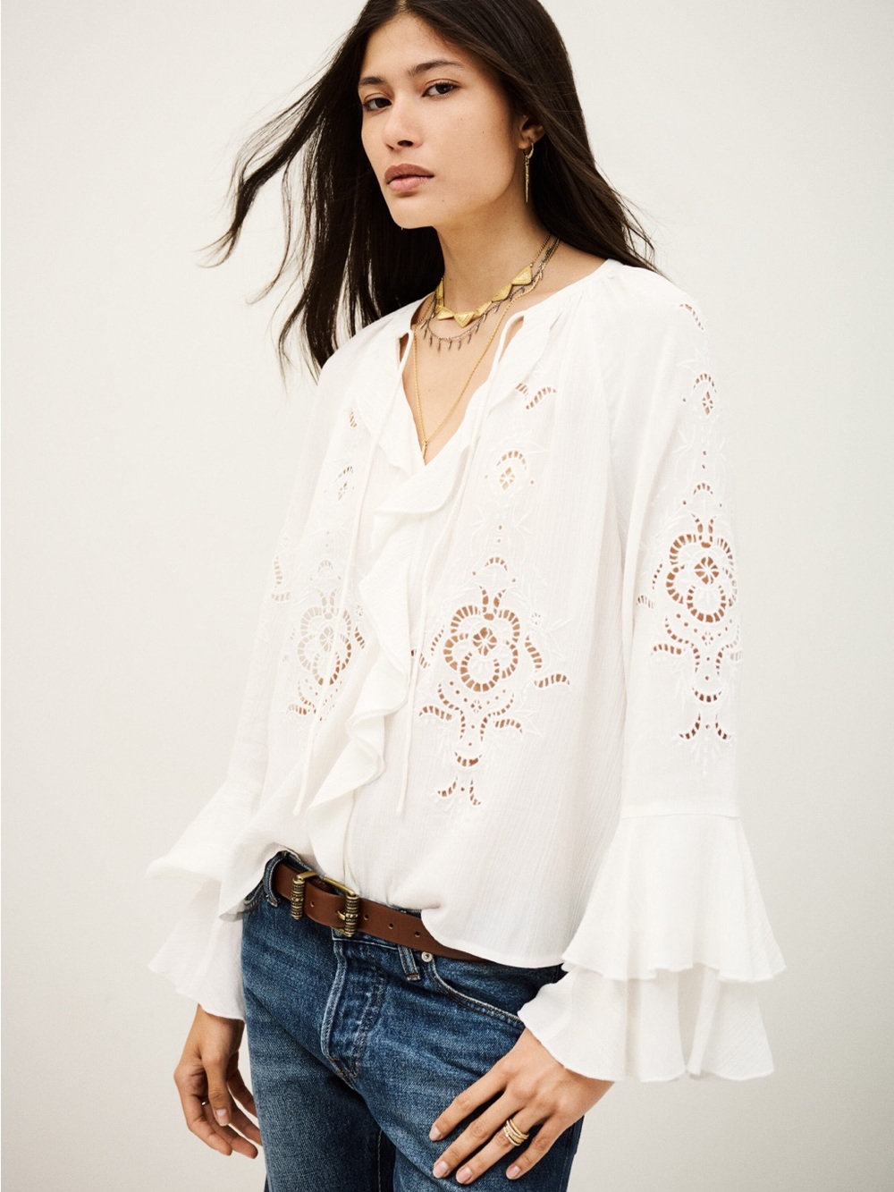 ba&sh White Ruffle Eyelet Lace Peasant Blouse